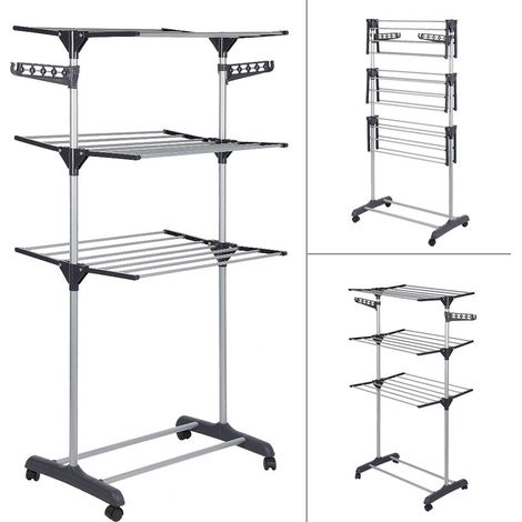 Multifonction 3 Niveaux Étendoir à Linge Pliable avec Ailes Supplémentaires Gris (1/5)