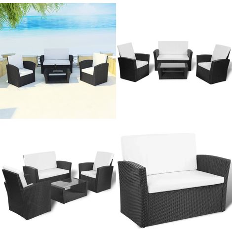4-tlg. Garten-Lounge-Set mit Kissen Poly Rattan Schwarz - Gartengeräte - Gartenmöbel - Lounge-Set - Rattan-Möbel - Outdoor-Möbel - Home & Living