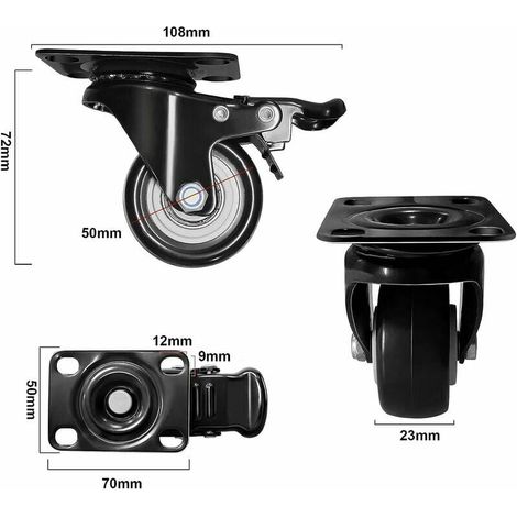Roulettes pivotantes 4 ruote freno, gomma 50 mm, carico 280 kg, antiscivolo, robuste, per carrelli (1/3)