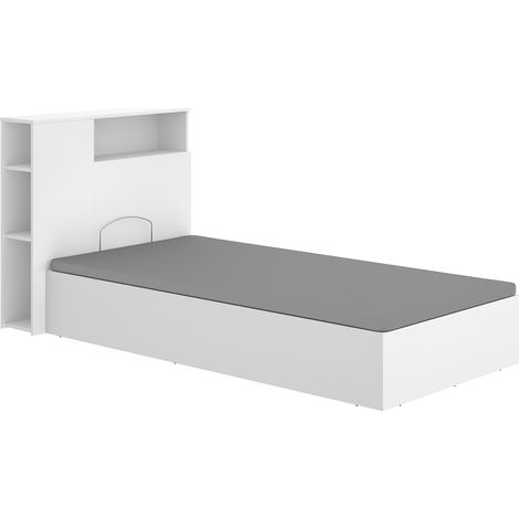 Lit coffre 90x190 avec tête de lit et rangement intégré – Sommier relevable – Coloris blanc (1/5)