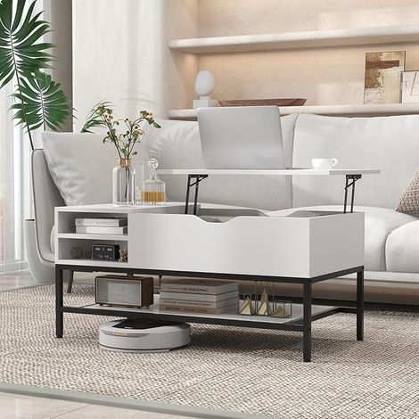 COSTWAY Tavolino da Salotto, Tavolino da Caffè con Piano Sollevabile, Vano Nascosto e Ripiano Rimovibile, Tavolino Basso in Legno e Metallo per Soggiorno e Sala, 100 x 50 x 48-61 cm (Bianco) (1/5)