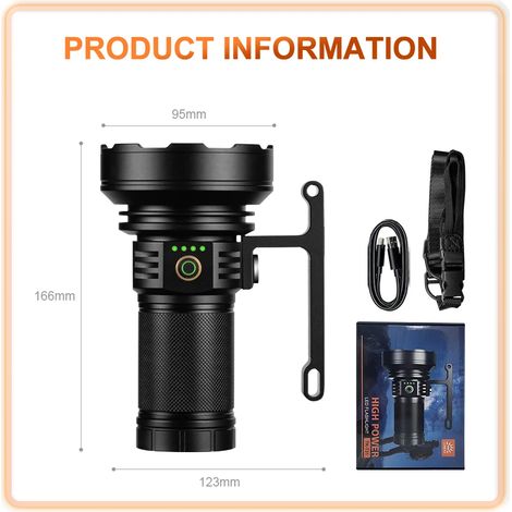 (T31) Lampe torche ultra-lumineuse de 10 000 lumens, projecteur haute puissance, lampe torche rechargeable USB à double source lumineuse, lanterne de poche idéale pour le camping en plein air (1/5)