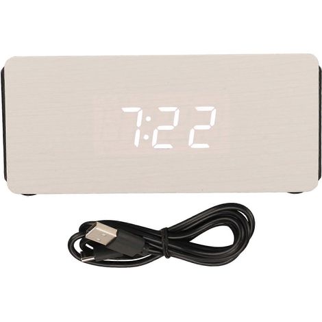 Réveil intelligent en bois blanc avec quatre niveaux de luminosité, Bluetooth, LED 15W, réveil en bois pour enfants. (1/5)