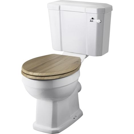 Milano Richmond White Ceramic Close Coupled Bathroom Toilet Pan WC and Cistern with Warm Oak Effect Seat