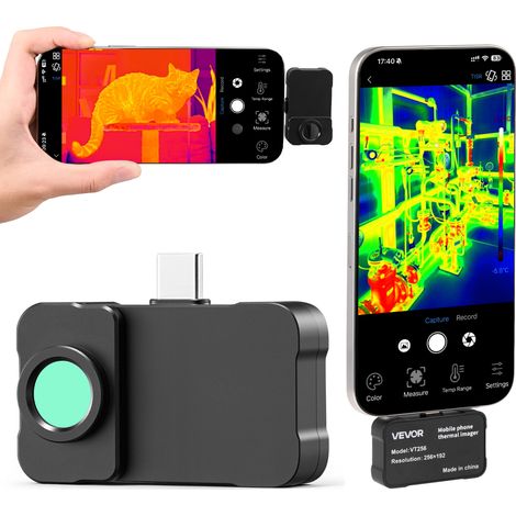 VEVOR Cámara Termica para Android e iOS, Cámara Infrarroja con Lente Macro, Termográfica, Rango -20 a 550 °C, Resolución IR 256x192, Superresolución 512x384 TISR, 25 Hz para Móvil Inspección Electrica (1/5)