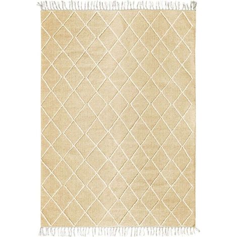 Tapis salon coton et laine épaisse 160x230 cm – Motif croisillons naturel – Épaisseur 10 mm – Fabrication artisanale – Thedecofactory