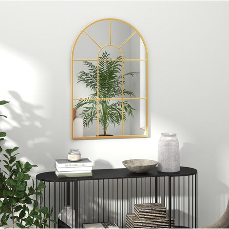 Miroir mural décoratif en forme de fenêtre 91 x 60 cm avec cadre métal doré (1/5)
