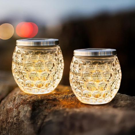 Solar Glass Jar Lights 2 Pack Solar Garden Lights Outdoor Dimpled Glass Solar Table Lights Warm White LED Patio Lights