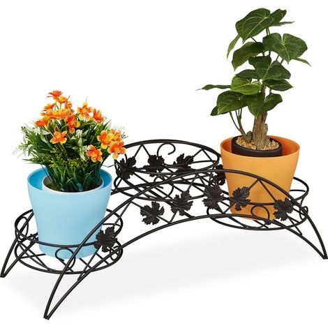 1 Porte-plantes, 3 marches, fer, noir, intérieur extérieur, HLP 21x55x19 cm, décoration feuille (1/5)