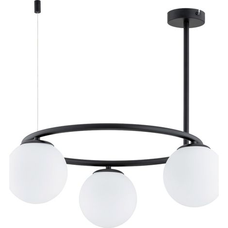 Alfa RINGO Modern Round Pendant Ceiling Light, Black Metal Frame with 3 White Glass Globe Shades, 3xE14 Max 10W, Dimmable, 54cm x H51cm for Living Room, Dining Room, Bedroom