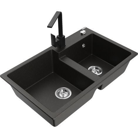 Mexen Tomas 2-Becken-Granitspüle mit Mischbatterie Rita, Schwarz/Gold metallisch - 6516-75-670300-70