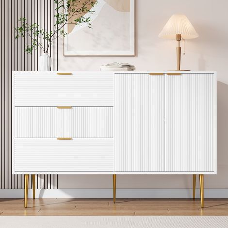 Buffet 120x38x80cm, Commode avec 3 tiroirs et séparateurs intérieurs, poignées dorées, pour le salon et la cuisine - Blanc (1/5)