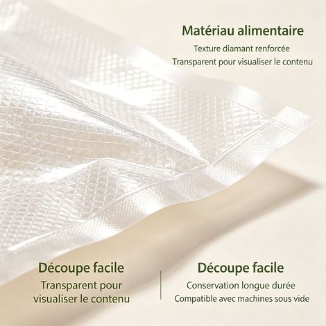 Rouleau de sac sous vide gaufré diamant 500 cm, 3 largeurs 20 cm 25 cm 28 cm, conservation hermétique longue durée, qualité alimentaire - Transparent (1/5)
