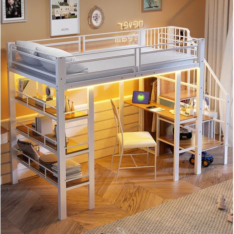 Lit simple 90x200 avec bureau et rangements métal blanc HAVRYA (1/5)