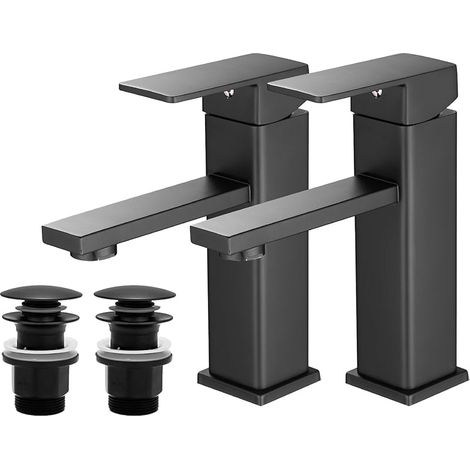 Robinet de salle de bain - Petit mitigeur monocommande - En acier inoxydable - Pour vasque de lavabo (2, noir avec bonde) (1/5)