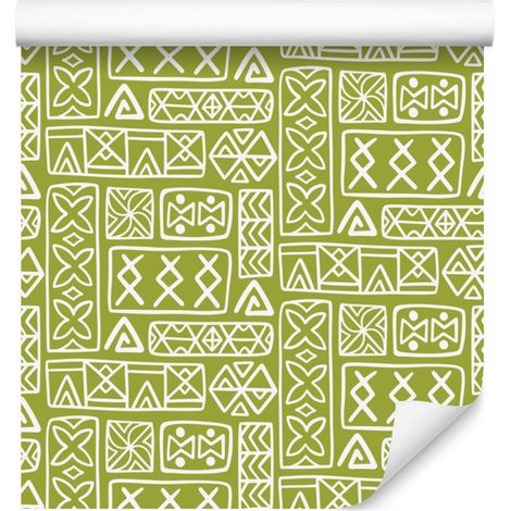 Carta da parati con motivo geometrico polinesiano, giallo e beige, 50x1000 cm (1/5)