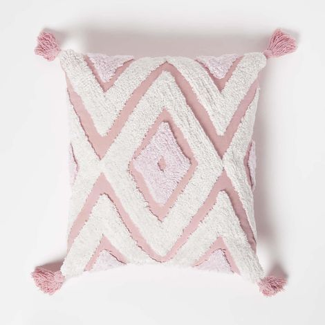 HOMESCAPES Geometric Ikat White & Pink Tufted Cotton Cushion with Tassels 45 x 45 cm