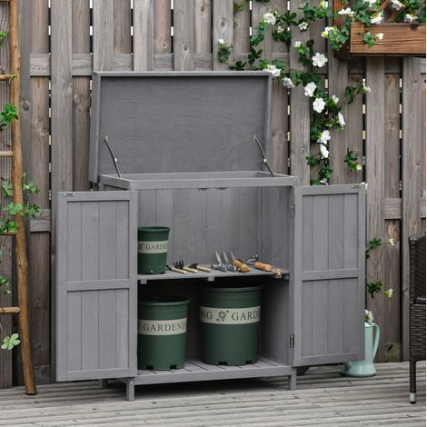 Gartenschrank 74x43x88 cm grau aus Tannenholz mit Doppeltür und 2 Fächern (1/5)