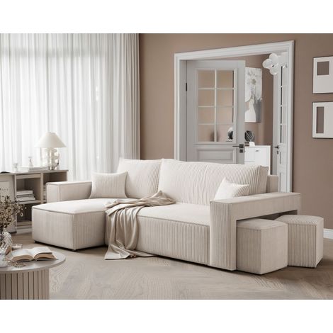 Ecksofa Schlafsofa Sofa ADARA inkl. Hocker Stoff Poso Altweiß Ottomane Links