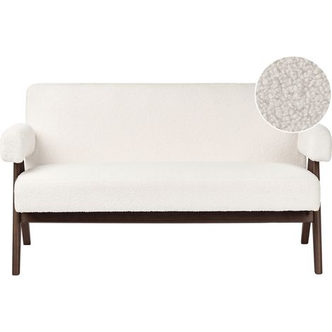 Sofá 2 plazas retro salón patas de madera marrón oscuro tapizado de bouclé blanco crema Tamre (1/5)