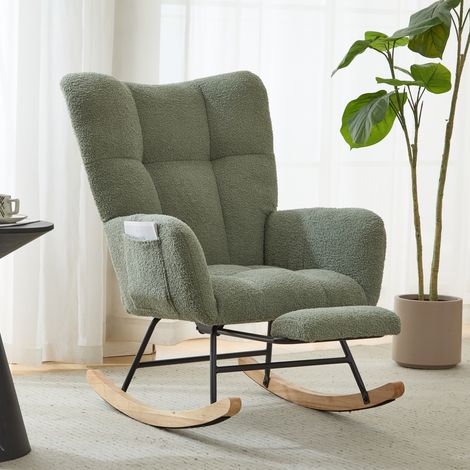Sillón relax mecedora con reposapiés y bolsillo 65x100x93 cm para salón y lactancia en tejido de borreguito verde (1/5)