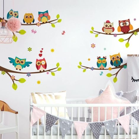 Stickers muraux enfants 9 Chouettes sur branches I arbre fleurs