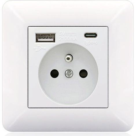 French Type-C+USB 16A Type 86 socket panel, number of sockets: 2 holes, number of USB ports: 1, number of Type-C ports: 1, secure and firm (white arc) (1/3)
