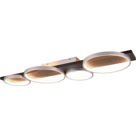 MEDERA PLAFONIERA 4 CERCHI METALLO ALLUMINIO BASE LEGNO NERO CON DIMMERAZIONE AD INTERRUTTORE L. 100CM LED  44W 5100lm, 3000K (1/4)