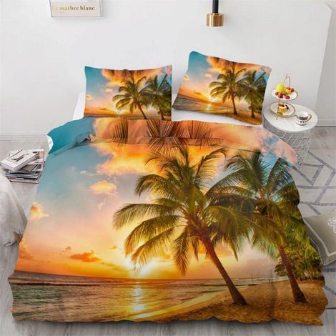 Ensemble de literie 155x220 cm 3 pièces Microfibre Tropical Palme Plage Motif 3D Housse de couette réversible avec fermeture éclair