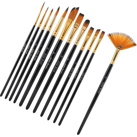 Ensemble de 12 pinceaux à manche en bois noir et poils en nylon pour peinture, aquarelle et loisirs créatifs (1/5)