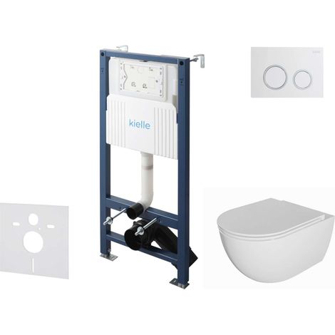 kielle Genesis New - Set bâti-support, WC Oudee, sans rebord, abattant softclose et bouton-poussoir Gemini New II, blanc brillant/chrome 30528SS04