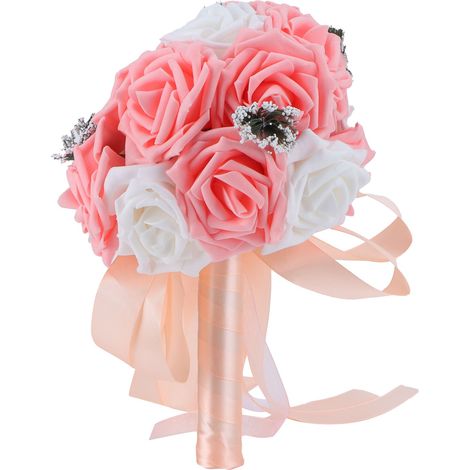 Künstlicher Brautstrauß aus PE-Blumen für Hochzeit, Büro oder Heimdekoration – Orange und Rosa (1/5)