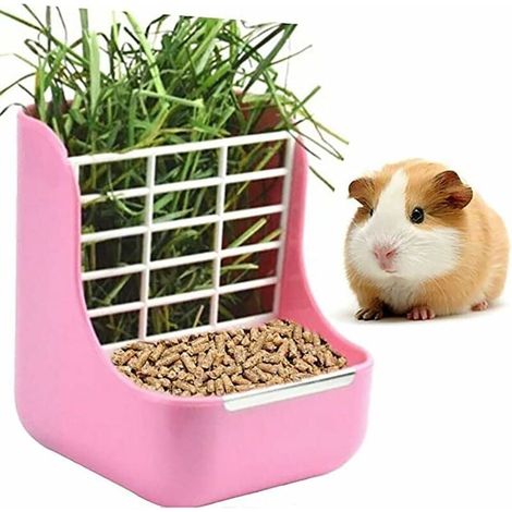 1 mangeoire à foin 2 en 1, plastique et acier inoxydable, hauteur réglable, pour lapins, cochons d'Inde, chinchillas et petits animaux