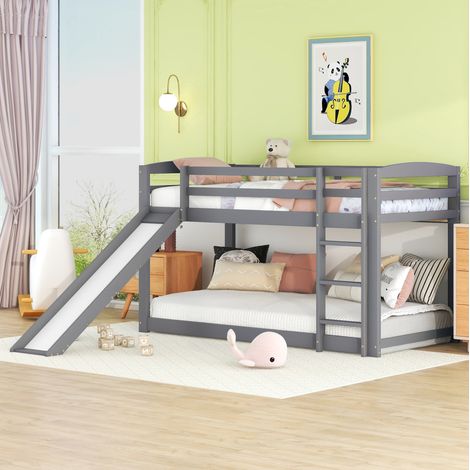 Lit superposé enfant moderne 90x200 cm en pin blanc avec toboggan, échelle réversible et sommier à lattes (1/5)