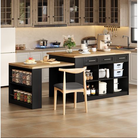 Isla de cocina multifuncional con mesa extraíble, MDF, 150 x 90 x 90 cm, negro y madera (1/5)