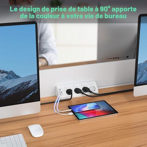 Multiprise d'angle avec ports USB, prise 4 trous avec interrupteur, 2 ports USB et 2 ports Type-C, protection contre les surtensions 8 en 1, câble de 2 mètres inclus, convient aux smartphones et table (1/4)