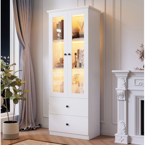 Vetrina 165x60x35.5 cm bianco opaco in MDF e truciolare con LED USB, ante in vetro e cassetti (1/5)