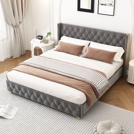 Cama tapizada 140/190 cm gris de terciopelo con cabecero capitoné y remaches (1/5)