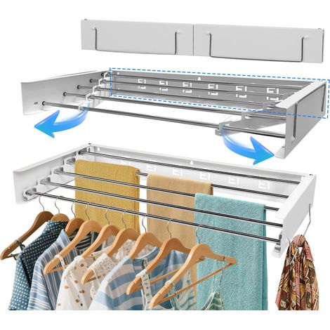 Etendoir a linge mural, sechoir linge mural pour sécher les vêtements, 31,5'', capacité de charge de 110 lb, avec gabarit mural, tournevis, foret pour organisation intérieure et extérieure (80cm) (1/5)