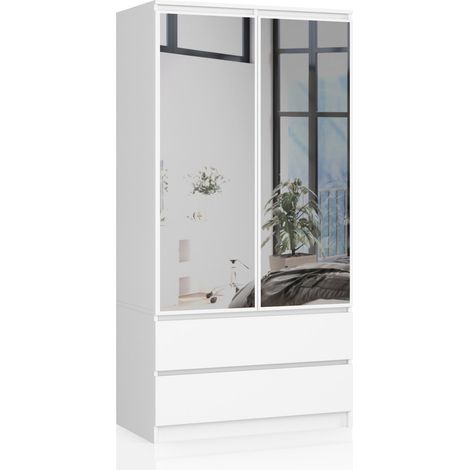 Akord – Armoire blanche 90 cm avec miroir – 2 portes battantes – 2 tiroirs – 4 étagères – Panneau stratifié 180x51 cm (1/5)