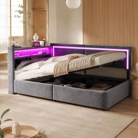 DESMIU Lit Banquette 90 × 200 cm 1 place avec LED, USB, rangement hydraulique et coffre, sans matelas, velours gris (1/4)