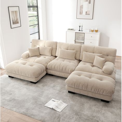 Sofá rinconero modular en U con ottoman, chenilla marrón claro 313 x 145 x 81 cm HAVRYA (1/5)