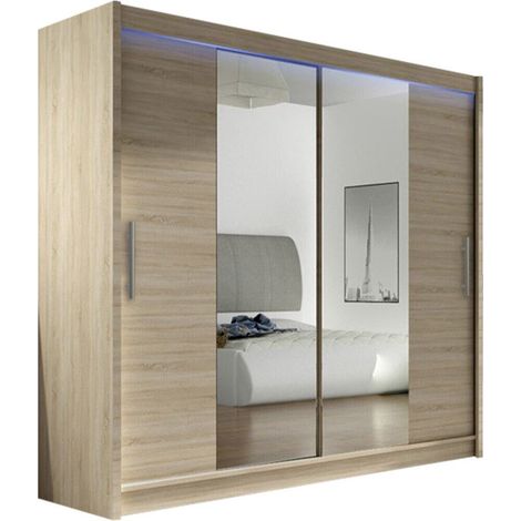 Armario Closico Pallor II, Roble Sonoma, 215x180x58cm, Puertas de armario: Correderas, Número de estantes: 5, LED (1/4)