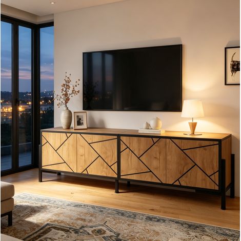 Meuble TV avec 4 Portes, Niches de Rangement, Style Géométrique, pour Salon, MDF, 153 × 40 × 50 cm (1/5)