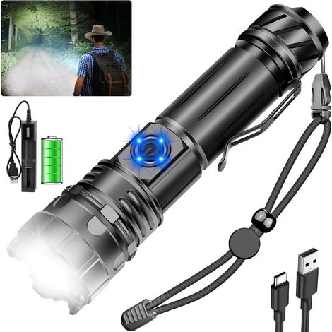 Rechargeable torch, high-power LED torch, super bright, battery-powered flashlight with clip, 12000 lumens, 5 modes, waterproof
