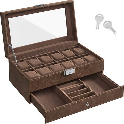 Boîte à Montres, Coffret à Montres, Couvercle en Verre, Écrin à 2 Niveaux, 12 Montres, Verrouillable, 1 Tiroir, Idée Cadeau, PU Marron, Doublure en Marron (1/5)