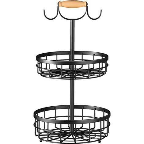 RHG Corbeille à fruits et légumes à 2 niveaux avec 2 supports pour bananiers et poignée en bois, panier métallique pour comptoir de cuisine, pour pain, oignons, pommes de terre (noir, 2 niveaux)