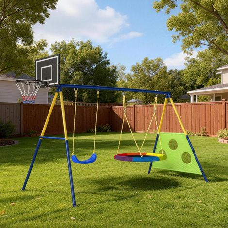 4-in-1 Gartenschaukelset für Kinder von 3-8 Jahren mit 2 Schaukeln, Basketballkorb und Fußballtor