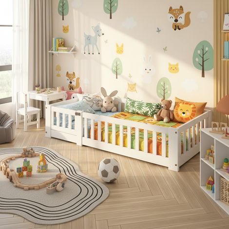 VASIEN – Lit enfant 80x160 cm  –Protection antichute – Barrières de protection et petite porte– Sommier à lattes pin massif – Lit Montessori blanc pour garçons et filles (1/5)