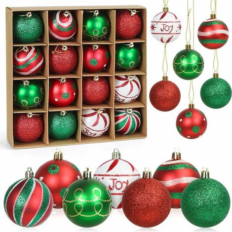 Boules de Noël Rouge et Vert, 16pcs Boule d'arbre de Noël 6cm, Ornement de Sapin de Noël, Peint Boule Noel Plastique avec Lanière pour Decoration Sapin Noel Intérieure ou Extérieure (1/5)